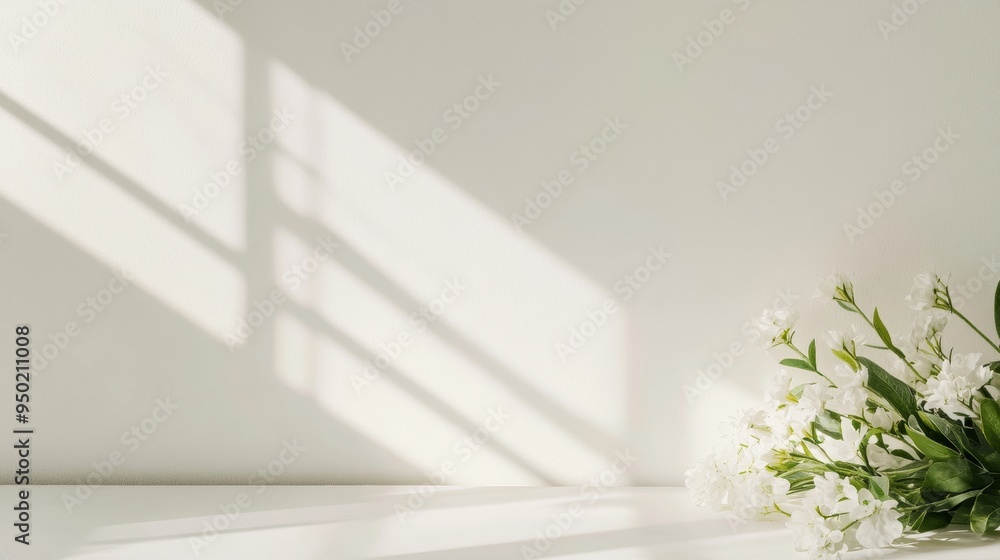 Poster calm and tranquil soft white floral flat, illuminated by gentle beams of light on a smooth table in 