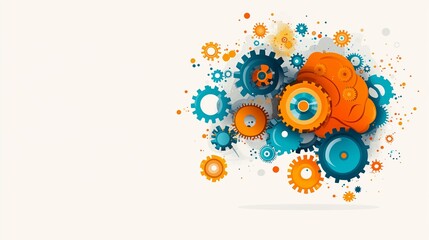 Fototapeta premium A colorful brain illustration filled with gears and cogs, symbolizing mental health complexity, against a simple background with space for text