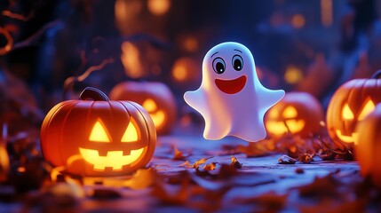 Cute cartoon ghost is floating near illuminated jack o lantern pumpkins on halloween night 