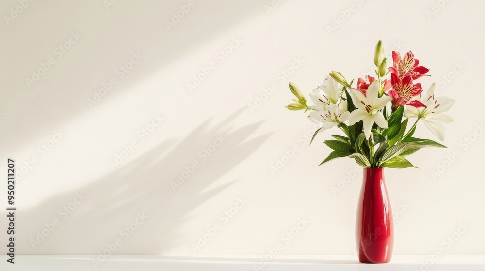 Poster minimalist floral composition with alstroemeria and lily in red vase against soft white background i