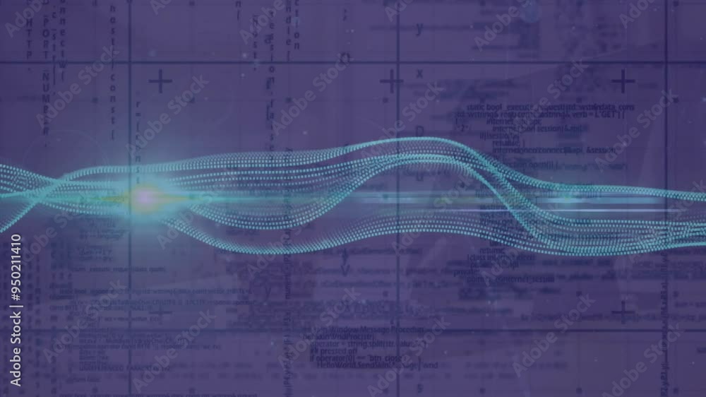 Sticker Flowing data waves animating over technical blueprints and schematics in motion