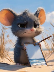 a very adorable beach mouse in front of a canevas that she is painting. The little mouse looks very serious, she is quite adorable. She has a paintbrush in her paw and is frowning at her canevas. 