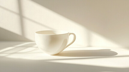 Delicate porcelain teacup on light background, casting soft shadows. serene composition evokes sense of calm and simplicity.