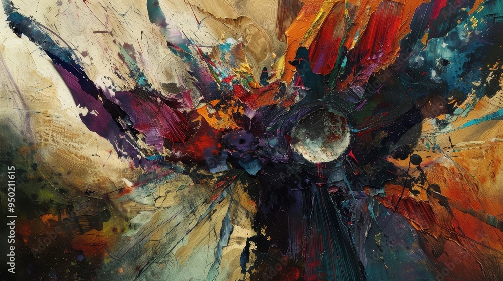 Poster abstract explosion of colors with a central orb creating a vibrant visual experience