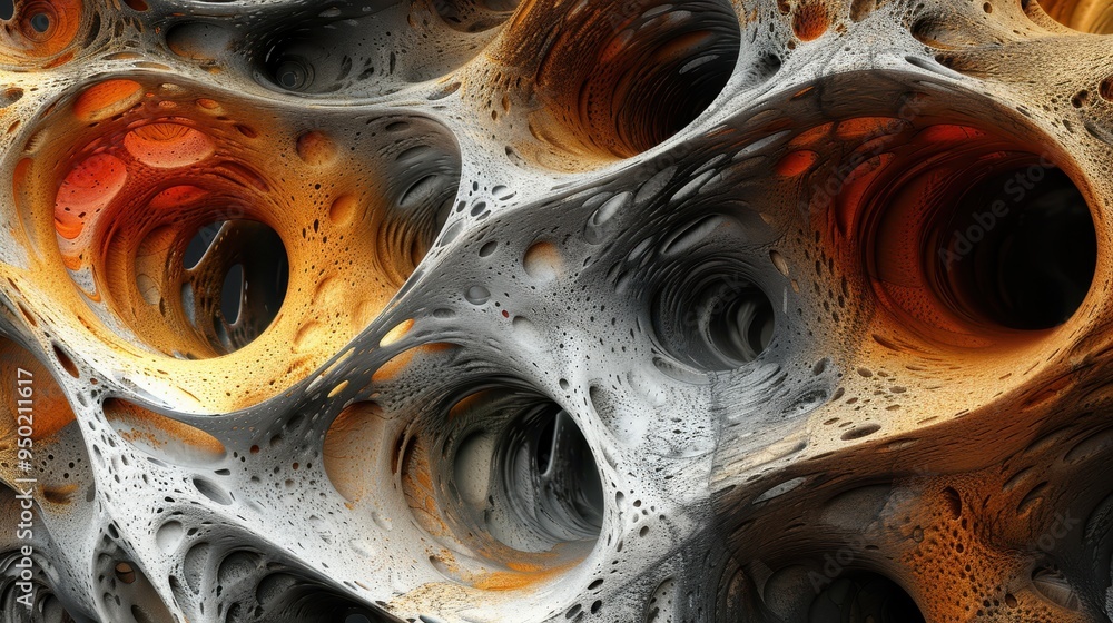 Poster exploring intricate patterns in abstract art with dynamic textures and colors at twilight