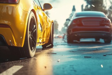 Car accident involving two vehicles on the road, with no people present. The scene highlights the damaged vehicles and the aftermath of the collision, suggesting a scenario for insurance claims.