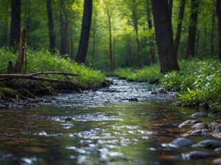 Spring background Stream of water in the forest.