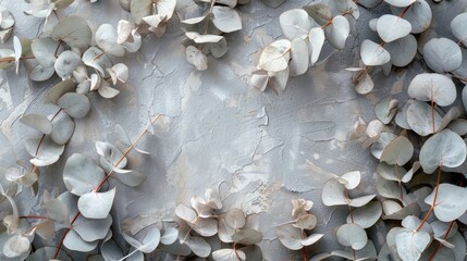 Flat lay of white eucalyptus leaves framing a blank space for creative text or design elements