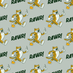 seamless pattern retro cartoon of a tiger holding a fork for hunting