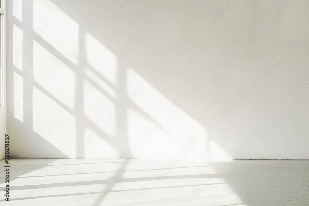 Aufkleber Serene Morning Light on Smooth Light Gray Surface indoors with Soft Beams Cutting Through Windows – Calm and Tranquil Atmosphere in Low-Angle View