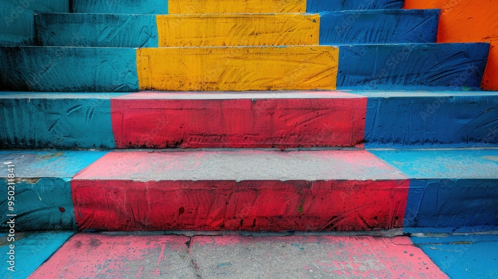 Poster vividly colored outdoor stairs create an abstract background with minimalist design elements