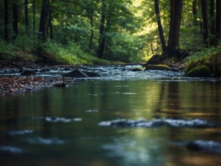 Naklejka premium The image shows a beautiful forest with a small river running through it.
