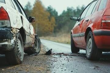 Car accident involving two vehicles on the road, with no people present. The scene highlights the damaged vehicles and the aftermath of the collision, suggesting a scenario for insurance claims.