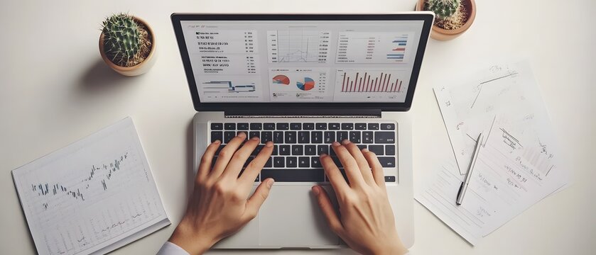 Photo of a person typing on a laptop with graphs and charts displayed in a top view against a white background,workspace