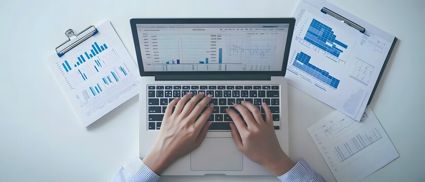 Photo of a person typing on a laptop with graphs and charts displayed in a top view against a white background,workspace