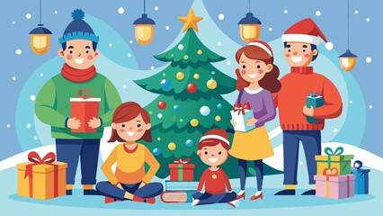Fototapeta premium Festive Christmas family scene with decorations, a beautifully adorned tree, and coloring books. Embraces the winter spirit and family joy during the holiday season.