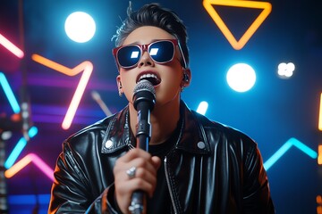 80s style music video set with retro fashion and neon lights, illustrated in a scene where a music video set features a pop star in retro fashion, performing in front of neon lights and abstract