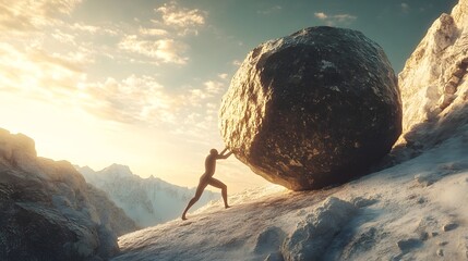 Unwavering Determination: A lone figure pushes a massive boulder up a snowy mountain, silhouetted against a golden sunset, embodying the relentless pursuit of goals. 