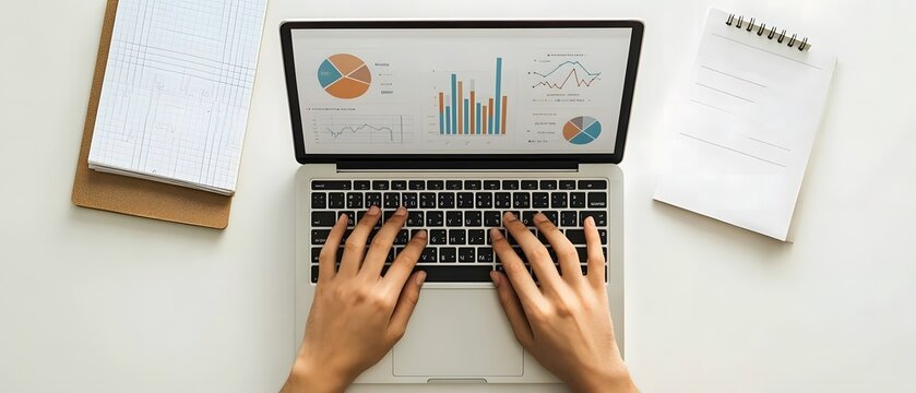 Photo of a person typing on a laptop with graphs and charts displayed in a top view against a white background,workspace