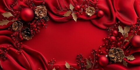 Elegant Christmas arrangement with red fabric, ornaments, and pine cones for festive celebrations
