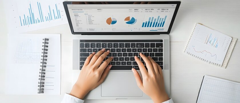 Photo of a person typing on a laptop with graphs and charts displayed in a top view against a white background,workspace