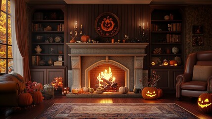 Obraz premium Luxury fireplace interior decorate by halloween theme in living room.