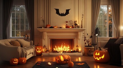 Obraz premium Luxury fireplace interior decorate by halloween theme in living room.
