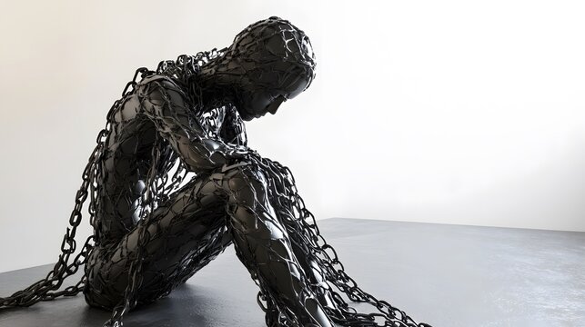 Bound by Despair: A stark sculpture of a human figure, shackled in heavy chains, embodies the suffocating weight of mental health struggles. 