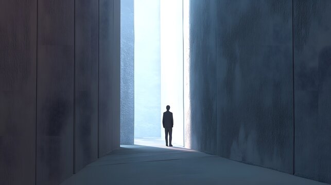 Finding the Light: A lone figure stands at the threshold of a radiant doorway, symbolizing hope, opportunity, and the courage to embrace the unknown in a minimalist architectural setting.  