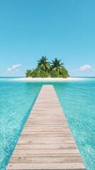 A serene wooden pier leading to a tropical island surrounded by crystal-clear water and a clear blue sky.