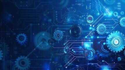 Obraz premium A blue banner showcasing the fusion of old technology and modern computing, featuring cogs and circuits, symbolizing innovation and technological advancement