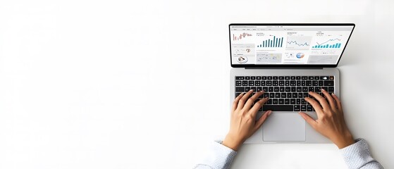 Photo of a person typing on a laptop with graphs and charts displayed in a top view against a white background,workspace