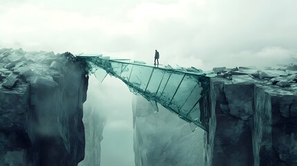 Fragile Hope: A solitary figure walks a precarious path across a shattered glass bridge, suspended between two towering cliffs shrouded in mist. This haunting image evokes themes of risk, vulnerabilit