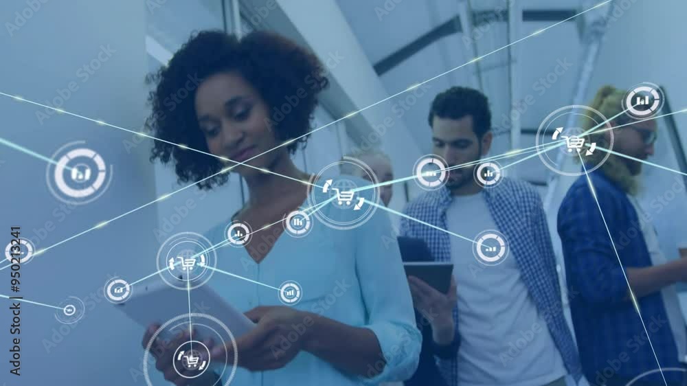 Poster using tablets, diverse people connecting and processing data in network animation