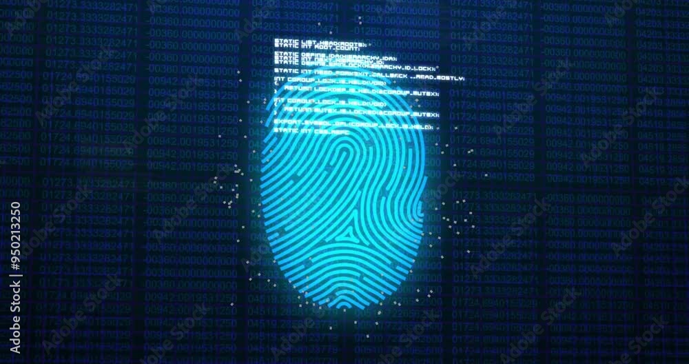 Poster Fingerprint scanning and data processing animation over binary code background