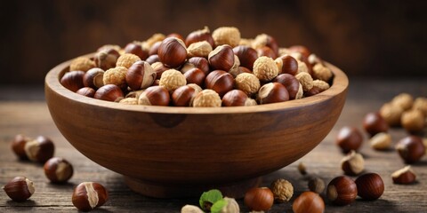 Wooden bowl filled with hazelnuts on a rustic table.