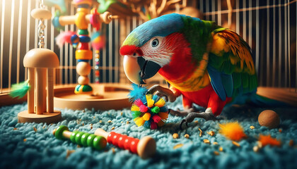 Papagaio Colorido Brincando com Brinquedo de Forração na Gaiola