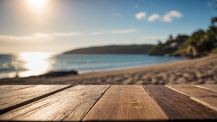 Fototapeta premium Wooden table with with blurry beach and ocean in background.