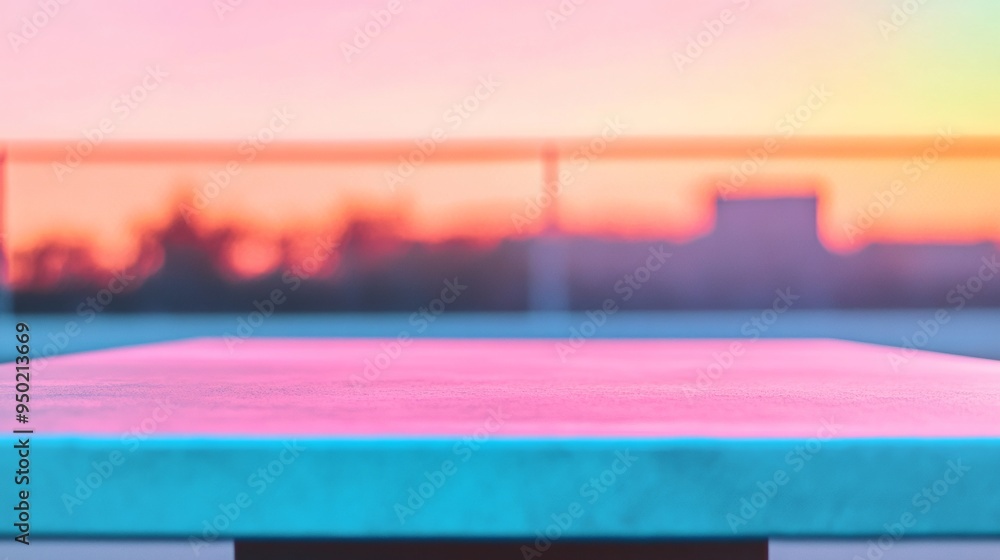 Aufkleber neon blue matte table surface for product display against vibrant soccer field bokeh background with