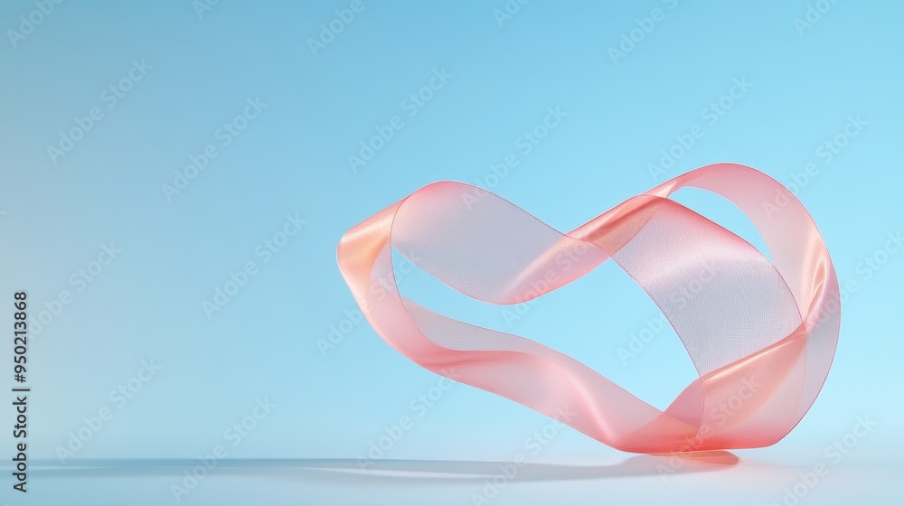 Poster A delicate pink ribbon elegantly twists and turns in mid-air, creating a graceful and abstract shape. The soft, translucent ribbon symbolizes lightness, fluidity, and the beauty of movement.