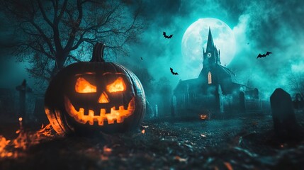 Pumpkin zombie Rising Out Of A Graveyard cemetery and church In Spooky scary dark Night full moon bats on tree. Holiday event halloween banner background concept 