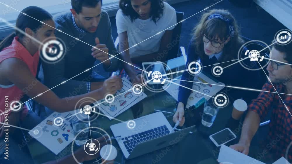 Poster animated network connections and data processing over diverse business team meeting