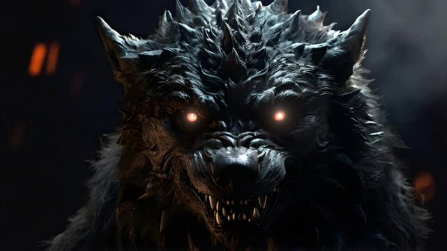 The head of a wolf monster demon with glowing eyes that is creepy and scary. Seamless 4K looping timelapse video animation background