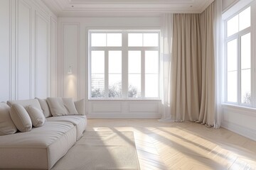 Bright and Airy Living Room with Large Windows, White Walls, and Minimalist Decor in Neutral Tones