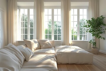 Bright and Airy Living Room with Large Windows, White Walls, and Minimalist Decor in Neutral Tones