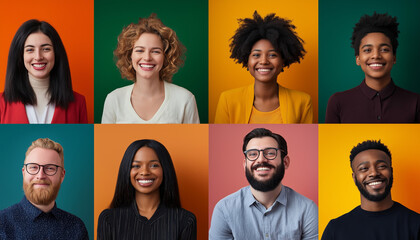 A gallery of diverse individuals smiling during a video conference appears on screen.