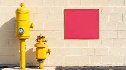 Urban Emergency Theme with Yellow Fire Hydrant and Extinguisher on Bright White Concrete Surface