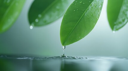 Fototapeta premium A leaf is dripping water, and the water droplets are falling from the leaf