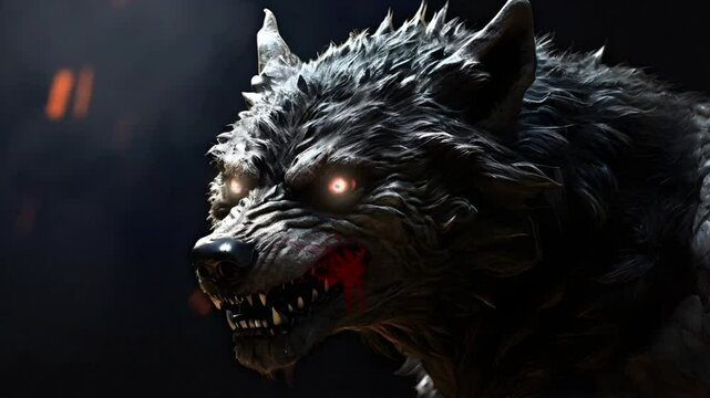 The head of a wolf monster demon with glowing eyes that is creepy and scary. Seamless 4K looping timelapse video animation background