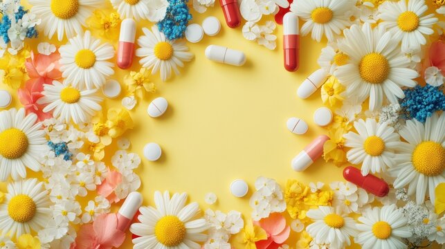 Arrangement of Therapy Tools and Positive Affirmations on Light Yellow Background for World Mental Health Day, Minimal Conceptual